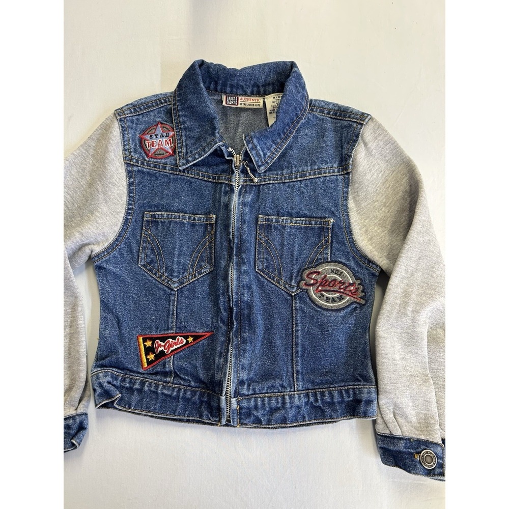 Vintage Girls Faded Glory Denim Jacket With Fabric Sleeves Size 6